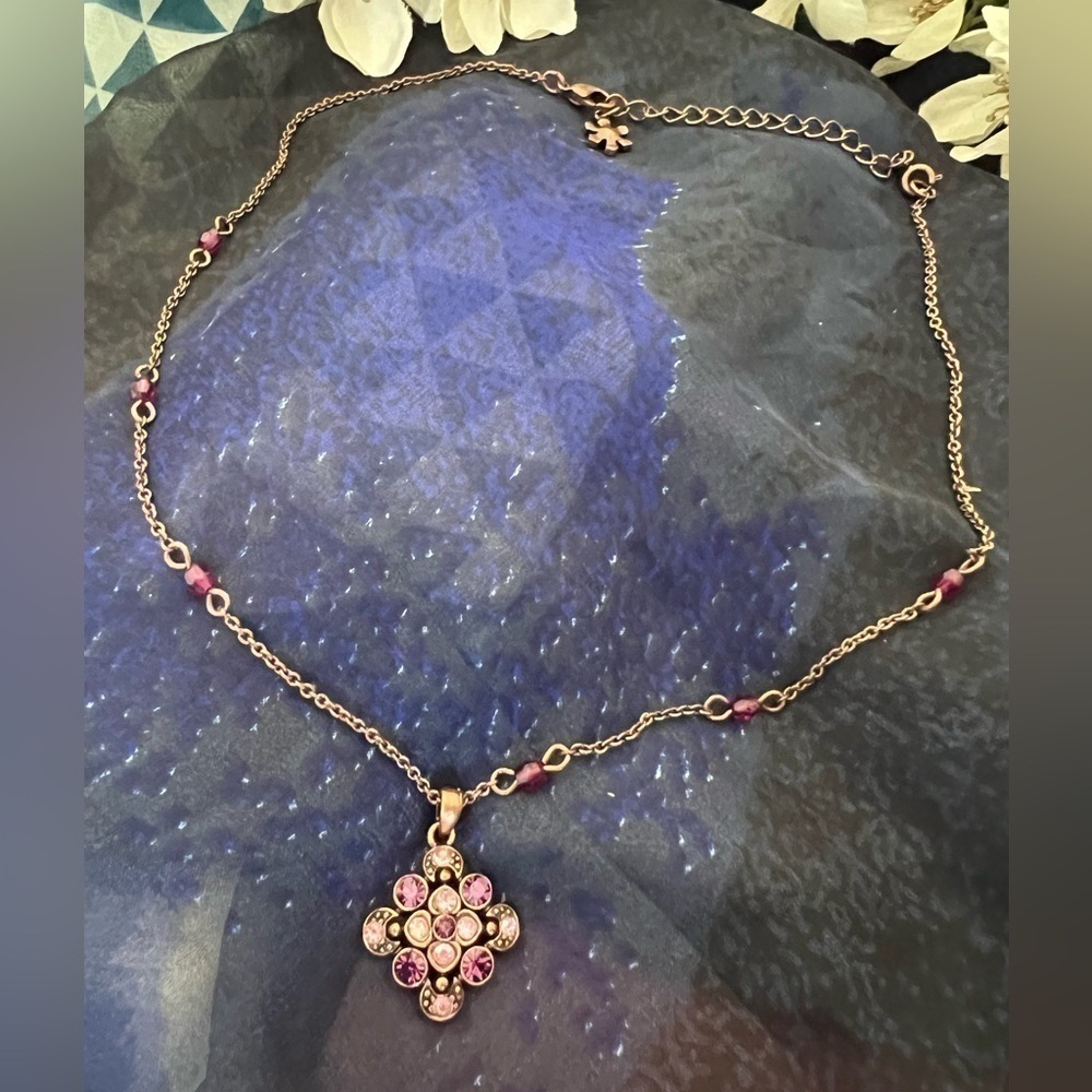 Vintage Avon Rhinestone Pendant Necklace Copper Tone Purple Crystal Floral